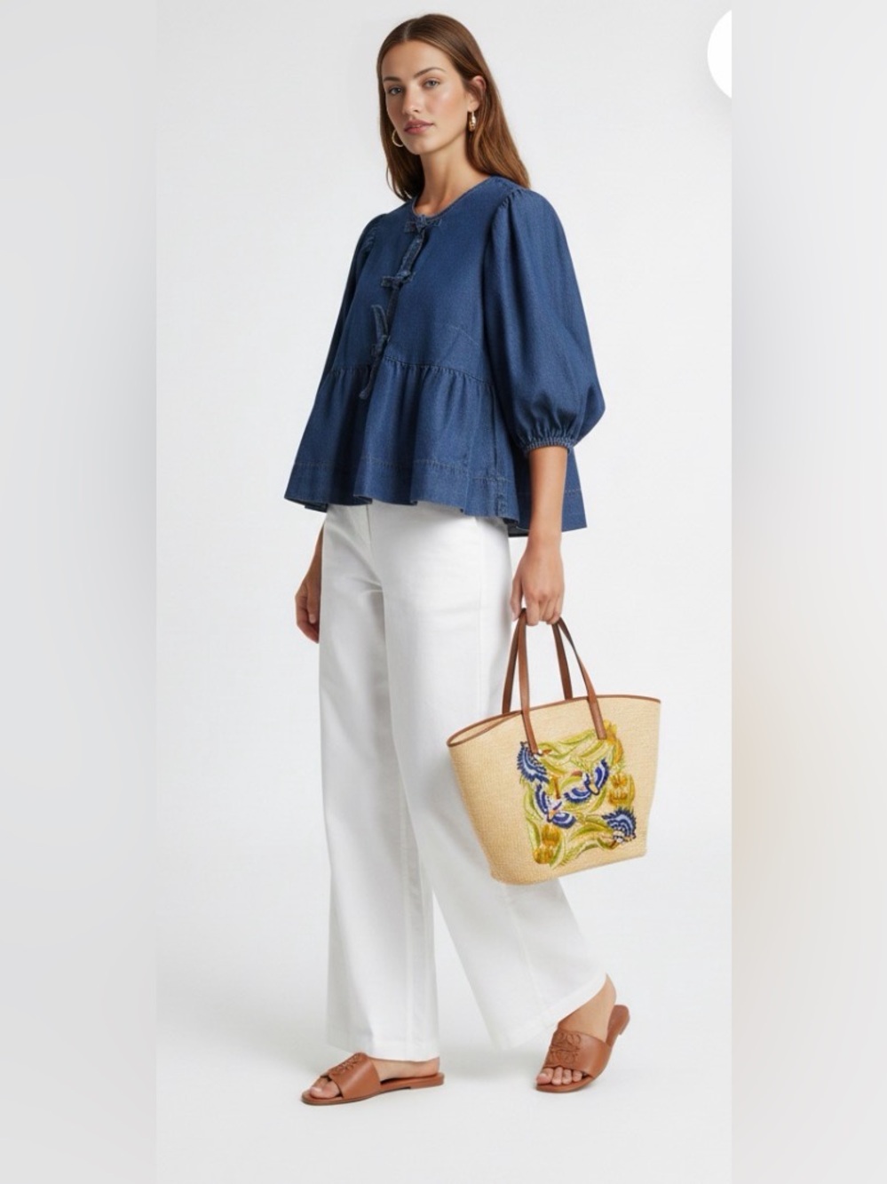 Denim Tie-Front Peplum top in Deep Blue - Picture 4 of 4